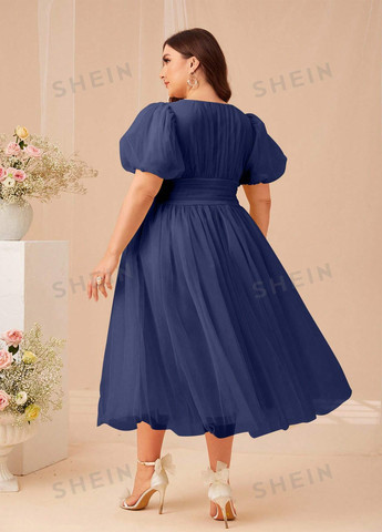 Сіро-синя кежуал сукня з спідницею-сонце SHEIN однотонна