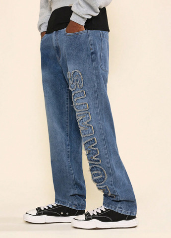 Синие демисезонные прямые джинсы SHEIN