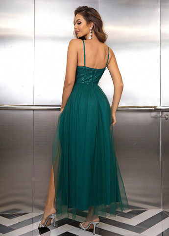 Бирюзовое вечернее платье с пышной юбкой SHEIN однотонное