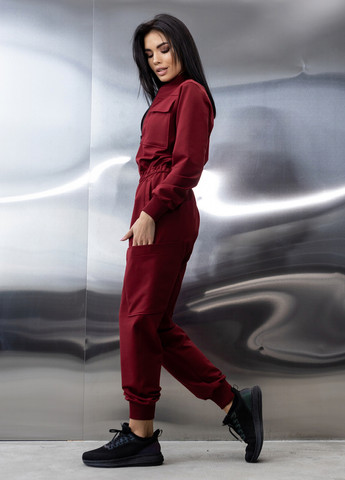 Бавовняний комбінезон з поясом та блискавкою TOTALFIT комбінезон-брюки однотонний бордовий кежуал, спортивний двунитка, бавовна