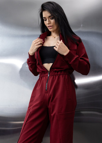 Бавовняний комбінезон з поясом та блискавкою TOTALFIT комбінезон-брюки однотонний бордовий кежуал, спортивний двунитка, бавовна