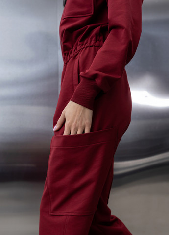 Бавовняний комбінезон з поясом та блискавкою TOTALFIT комбінезон-брюки однотонний бордовий кежуал, спортивний двунитка, бавовна