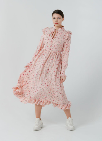 Розовое кэжуал платье so-78310-pnk клеш Alpama с цветочным принтом