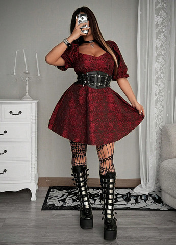 Бордова коктейльна, святковий, вечірня сукня кльош, а-силует, з відкритою спиною SHEIN троянди