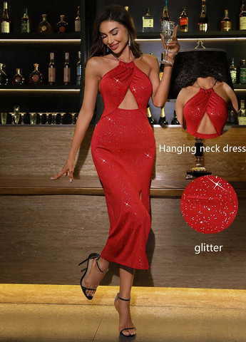 Красное вечернее платье с открытой спиной, силуэтная SHEIN однотонное