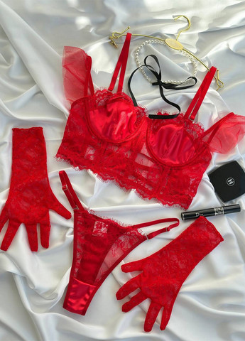 Красный демисезонный комплект (бюстье, трусики, перчатки) NOVA VEGA