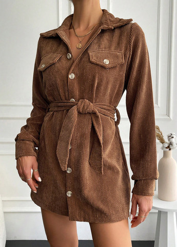 Коричневое кэжуал платье рубашка SHEIN однотонное