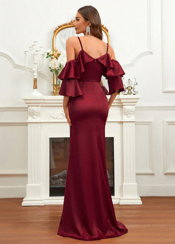 Бордовое праздничный платье с открытыми плечами SHEIN однотонное