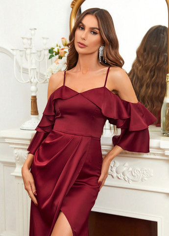Бордовое праздничный платье с открытыми плечами SHEIN однотонное