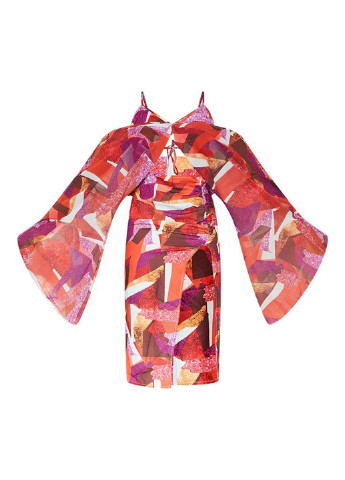 Розово-коричневое коктейльное платье с открытыми плечами PrettyLittleThing с абстрактным узором