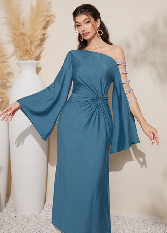 Синее праздничный платье футляр SHEIN однотонное