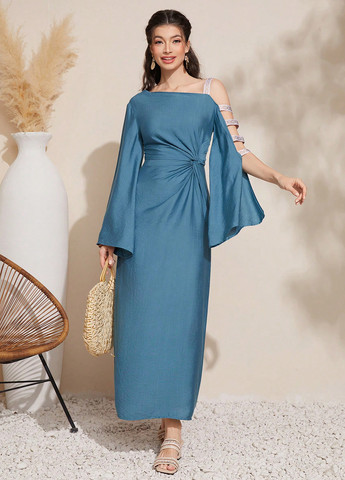 Синее праздничный платье футляр SHEIN однотонное