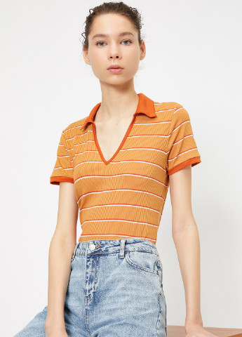 Женская оранжевая футболка поло KOTON в полоску