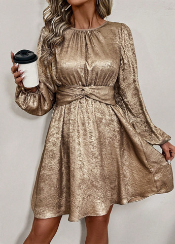 Темно-золотистий коктейльна сукня з спідницею-сонце SHEIN однотонна