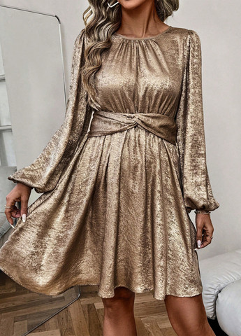 Темно-золотистий коктейльна сукня з спідницею-сонце SHEIN однотонна