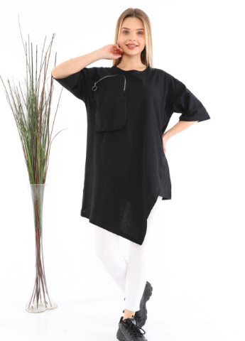 Черная всесезон футболка удлиненная женская черная с карманом с коротким рукавом MDG Свободная