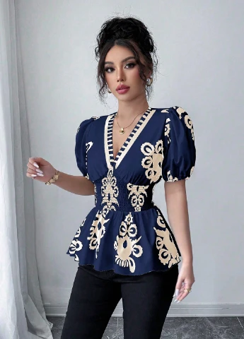 Індиго блуза з баскою SHEIN