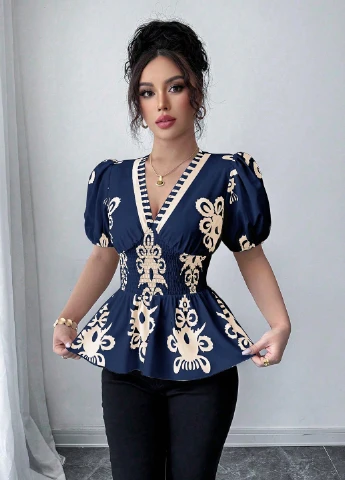 Індиго блуза з баскою SHEIN