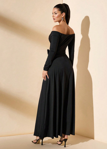 Черное вечернее платье силуэтная, с юбкой-солнце, с открытыми плечами SHEIN однотонное