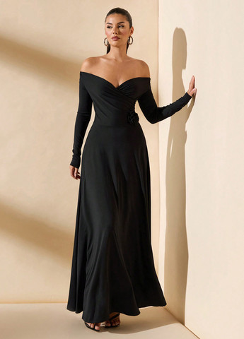 Черное вечернее платье силуэтная, с юбкой-солнце, с открытыми плечами SHEIN однотонное