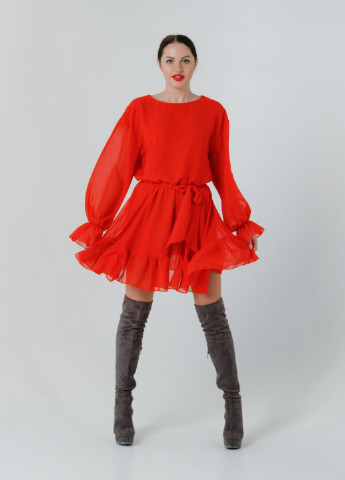 Красное кэжуал платье so-78335-red клеш Alpama однотонное