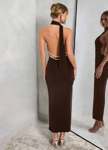 Коричневое вечернее платье на одно плечо, футляр SHEIN однотонное