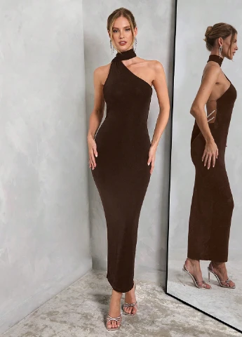 Коричневое вечернее платье на одно плечо, футляр SHEIN однотонное
