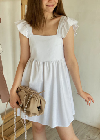 Белое кэжуал платье из льна с рюшами на плечах "будапешт" romashka, белый, xs|s 9605 Ромашка однотонное