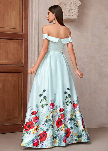 Серо-голубое праздничный, вечернее платье с открытыми плечами SHEIN с цветочным принтом