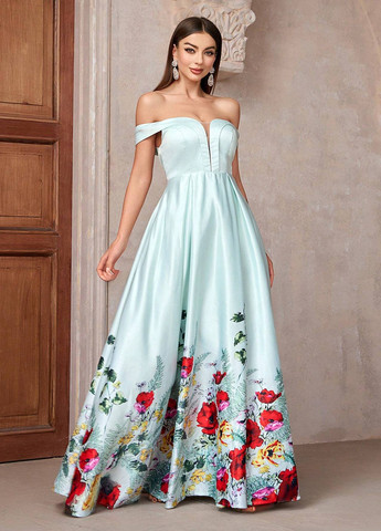Серо-голубое праздничный, вечернее платье с открытыми плечами SHEIN с цветочным принтом