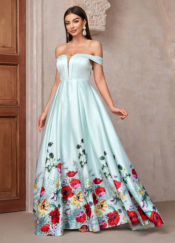 Серо-голубое праздничный, вечернее платье с открытыми плечами SHEIN с цветочным принтом