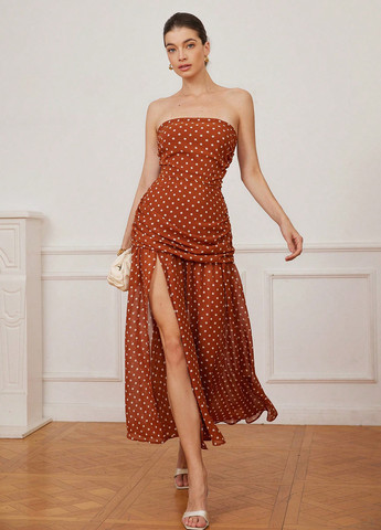 Цегляна кежуал сукня бандо, з відкритими плечима, з відкритою спиною SHEIN в горошок