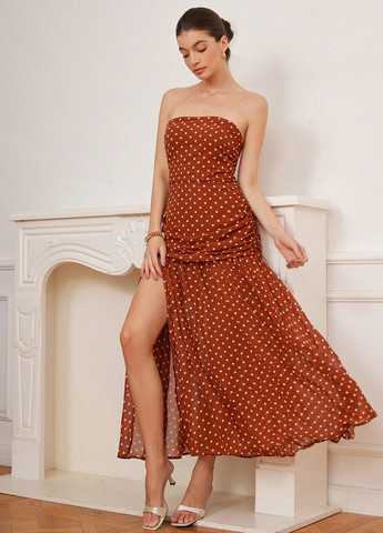 Цегляна кежуал сукня бандо, з відкритими плечима, з відкритою спиною SHEIN в горошок