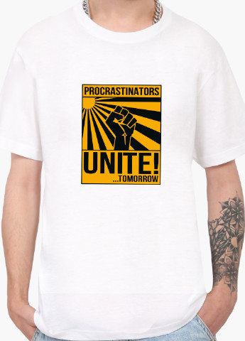Белая футболка мужская прокрастинаторы объединяются завтра (procrastinators unite tomorrow) белый (9223-2028) xxl MobiPrint