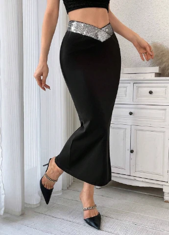 Черная кэжуал однотонная юбка SHEIN