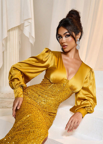 Золотой вечернее платье силуэтная, с корсетом SHEIN однотонное