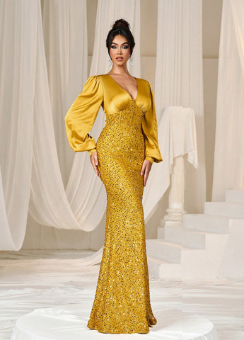 Золотой вечернее платье силуэтная, с корсетом SHEIN однотонное