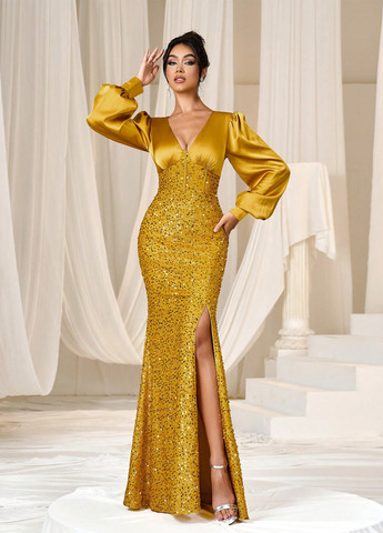 Золотой вечернее платье силуэтная, с корсетом SHEIN однотонное