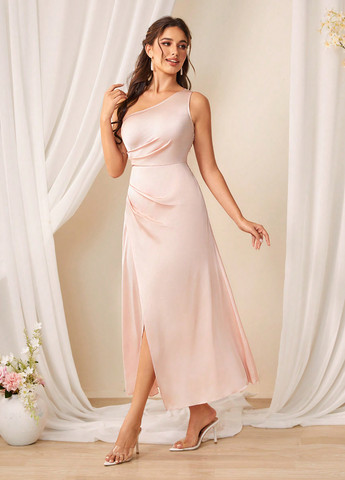 Бледно-розовое праздничный, вечернее платье на запах, а-силуэт SHEIN однотонное
