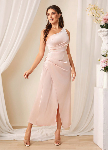 Бледно-розовое праздничный, вечернее платье на запах, а-силуэт SHEIN однотонное