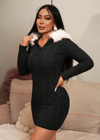 Черно-белое кэжуал платье платье-свитер SHEIN однотонное