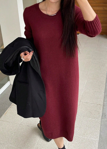 Бордовое праздничный, кэжуал платье а-силуэт, платье-свитер SHEIN однотонное