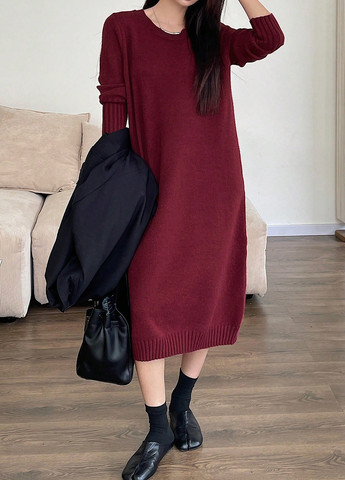 Бордовое праздничный, кэжуал платье а-силуэт, платье-свитер SHEIN однотонное
