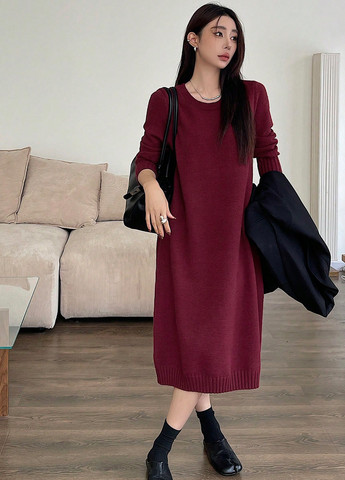 Бордовое праздничный, кэжуал платье а-силуэт, платье-свитер SHEIN однотонное