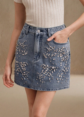 Синяя джинсовая однотонная юбка SHEIN а-силуэта (трапеция)