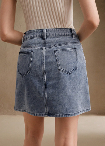 Синяя джинсовая однотонная юбка SHEIN а-силуэта (трапеция)