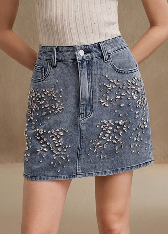 Синяя джинсовая однотонная юбка SHEIN а-силуэта (трапеция)