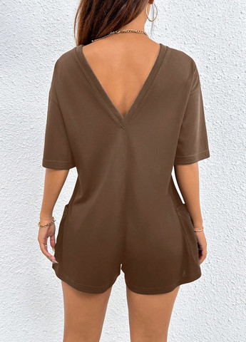 Комбинезон SHEIN комбинезон-шорты однотонный коричневый кэжуал полиэстер