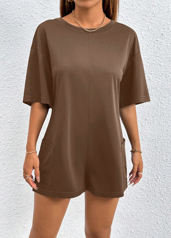 Комбинезон SHEIN комбинезон-шорты однотонный коричневый кэжуал полиэстер
