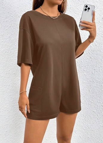 Комбинезон SHEIN комбинезон-шорты однотонный коричневый кэжуал полиэстер